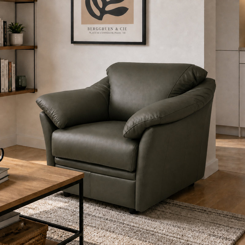 Ramdev Top Grain Leather Chair with Cushioned Back and Pillow Top Arm, Charcoal, 34" H x 39" W x 36" D