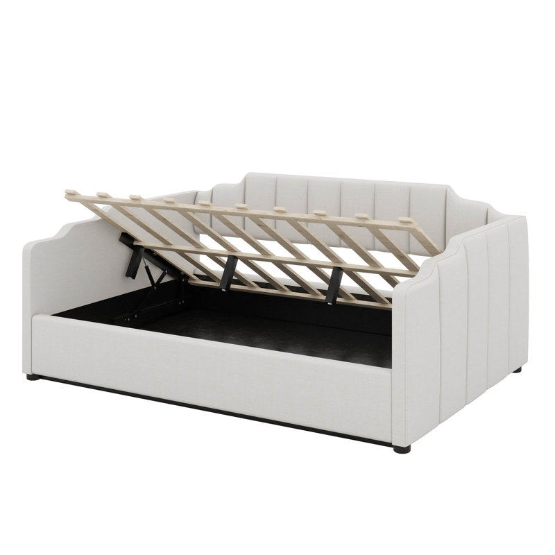 Full Size Upholstered Daybed, Sofa Bed Frame With Underneath Storage, Space-Saving Corner Day Bed, Beige