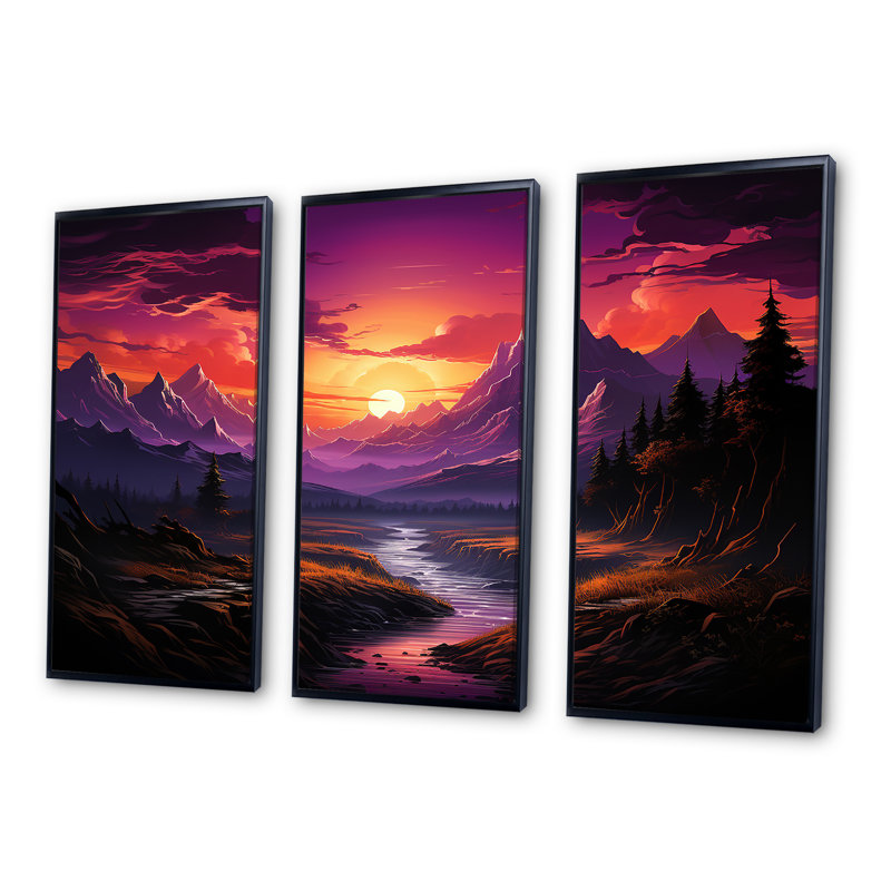 Coucher de soleil orange dans les montagnes mauves - ensemble d'art mural abstrait sur toile, Cadre flottant noir