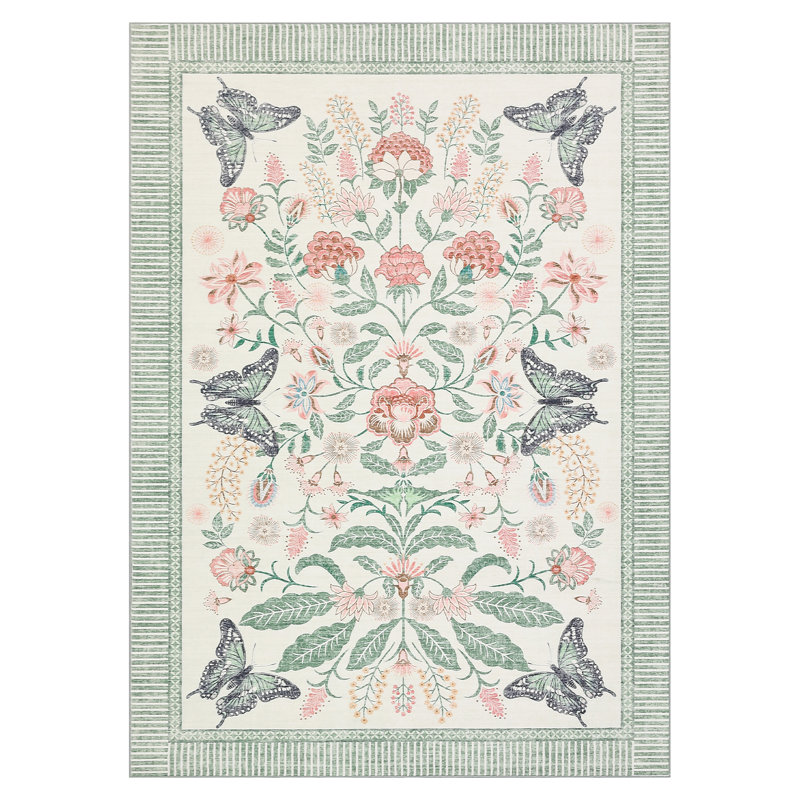 Garden-Inspired Butterfly Washable Area Rug, Stain Resistant Soft Floor Cover for Living Room Bedroom Dining Room, Green