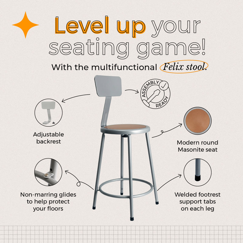 Felix  Steel Stool with Backrest,  Assembly Ready, Brown/Gray, Gray, Counter Stool (24" Seat Height)