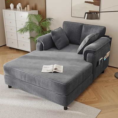 58" Gray Corduroy Indoor Chaise Lounge Chair with Wood & Iron Frame