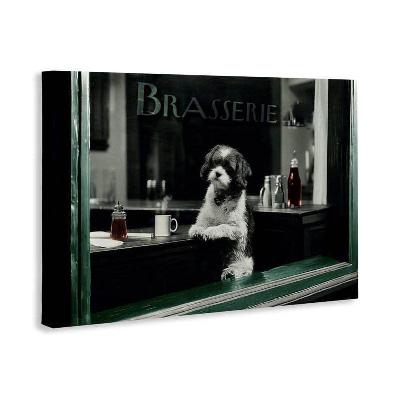 Brasserie, chien rétro dans une toile de fenêtre, design par Annabelle Hall, H 16 po x l 24 po