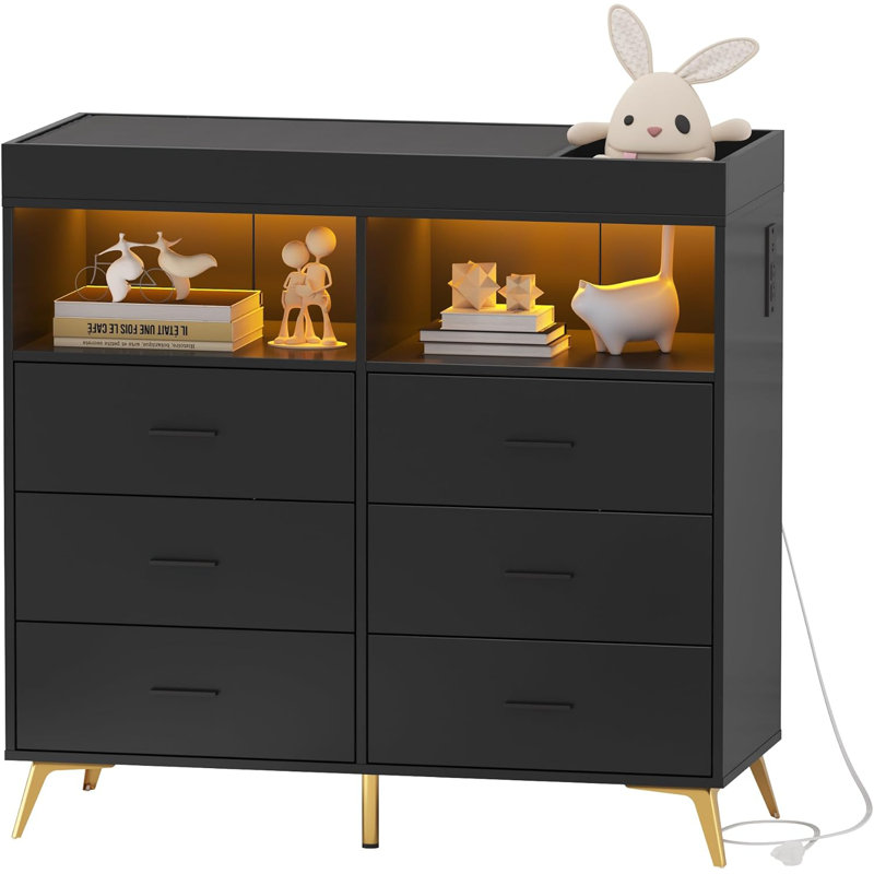 Commode 6 tiroirs, table à langer avec matelas à langer, Noir