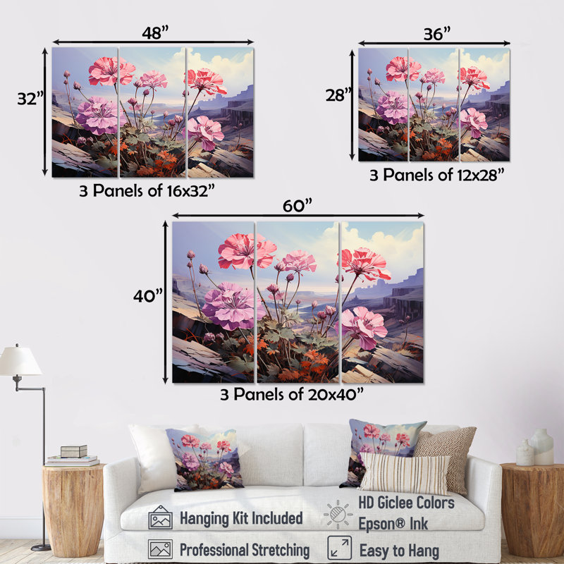 «Mountain Geraniums Flower Blossom - Geraniums», ensemble d'art sur toile, H 28 po x l 36 po x P 1 po
