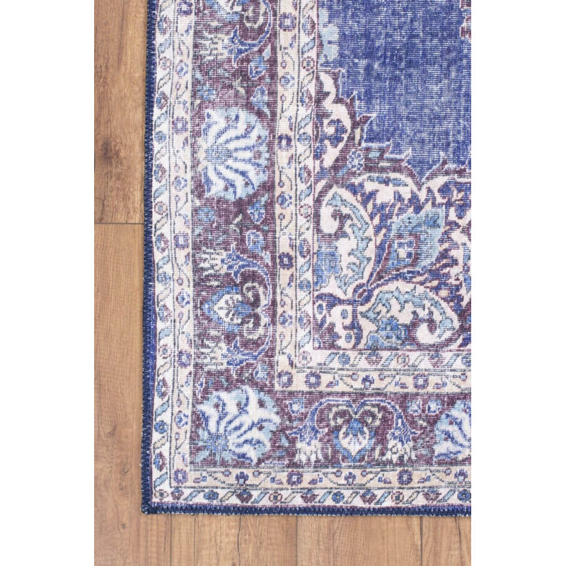 Tapis décoratif bleu marine / gris / beige, Carré 5 pi