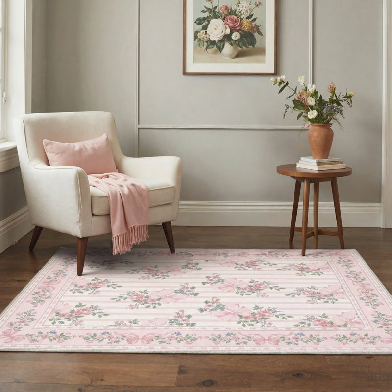 Bloomere Floral Machine Washable Blush Bow Indoor Area Rug With Non-Slip Backing, Rectangle 5' x 7'