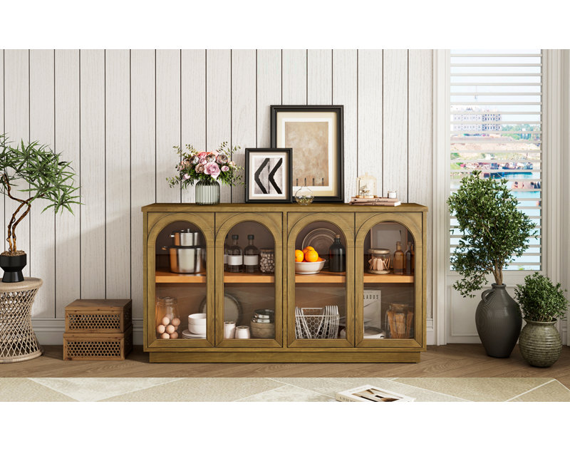 Grande armoire de rangement à 4 portes avec portes en verre, conception arquée et tablettes réglables pour une utilisation polyvalente