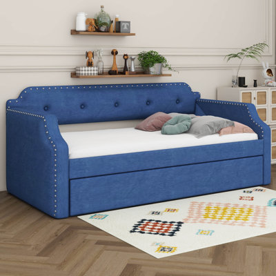 Twin Size Linen Upholstered Daybed With Trundle, Wooden Frame Armrests Bed W/Wood Slat Support, Arched Back & Nailhead Trim