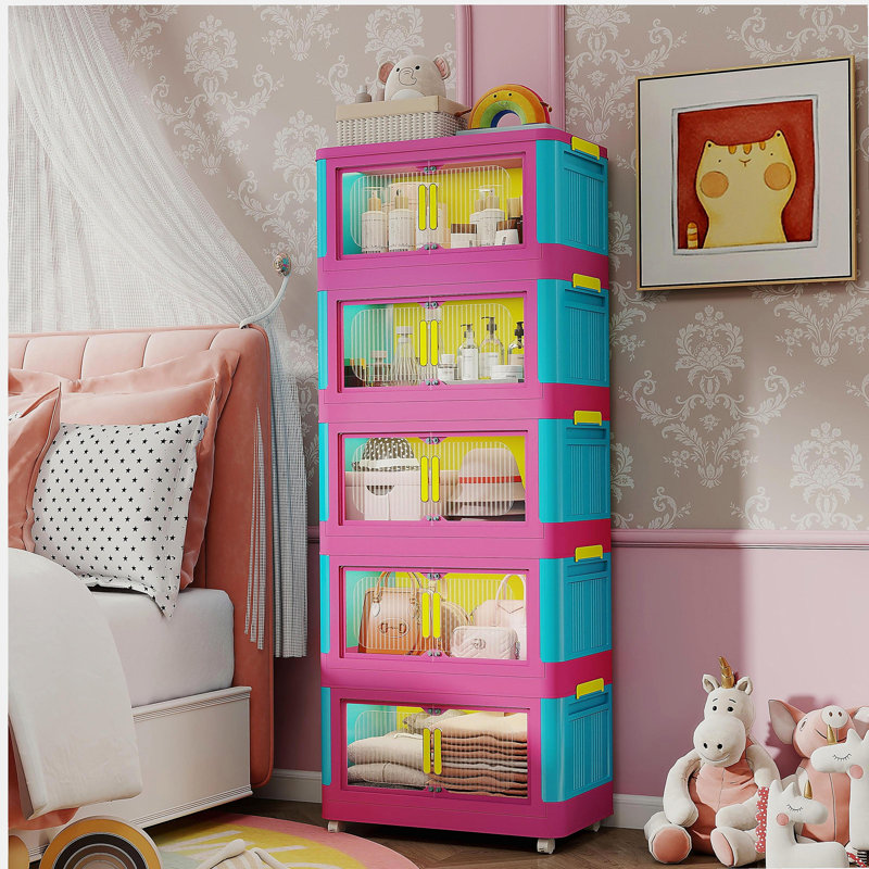 Side Wide Folding Storage Cabinet, 5 Tiers Collapsible Storage Bins With Magnetic Door, Plastic Storage Cabinet With Wheels