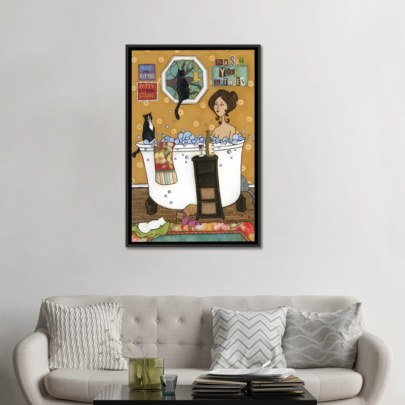 « Wash your kitties » par Jamie Morath-impression, H 48 po x l 32 po x P 1,5 po, Pas de tapis, Toile avec cadre noir