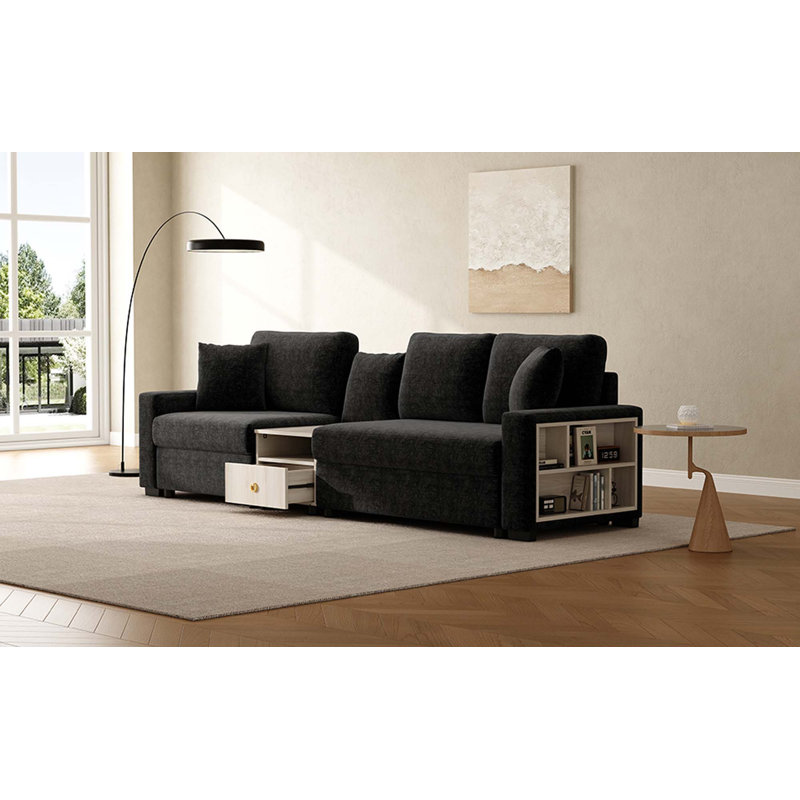 Canapé modulaire rembourré 3 places avec accoudoirs et console centrale pour le salon, Black Chenille