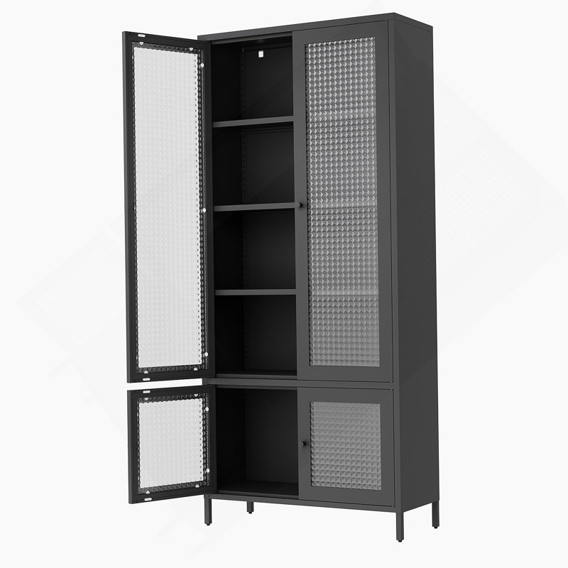 Grande armoire de rangement en métal avec 4 portes en verre, 5 tablettes et verre trempé gaufré pour une utilisation multifonctionnelle à la maison et au bureau