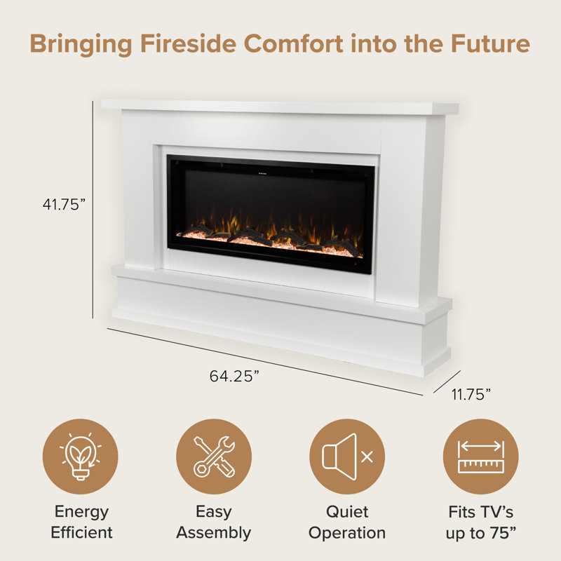 Modern Ember Patton 64" Mantel Package with 42" Electric Fireplace - Works w/ Alexa and Google Asst, White