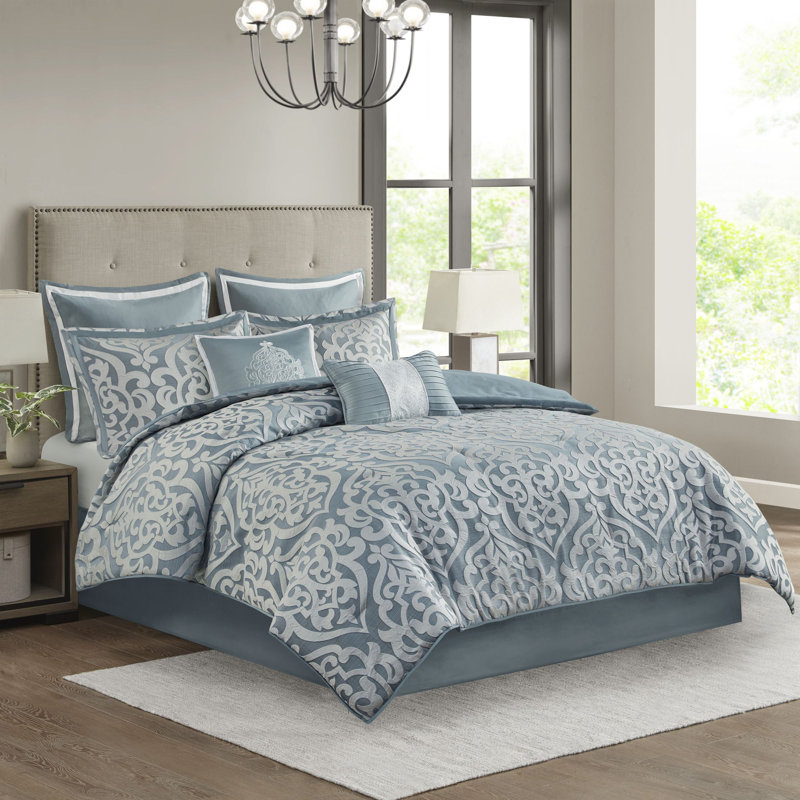 Aqua and Silver Queen Microfiber 8-Piece Comforter Set