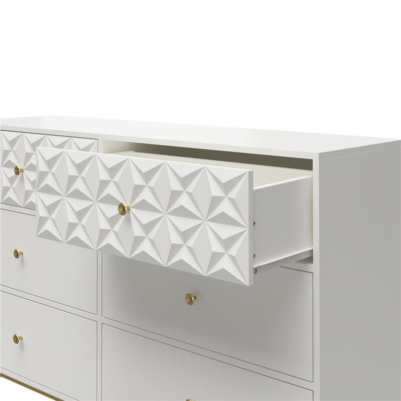 White Double 6-Drawer Dresser with Gold Accents