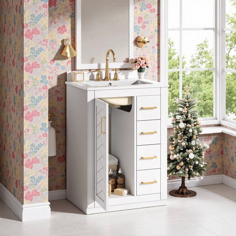 Meuble-lavabo de salle de bain en bois massif et céramique Aqua avec porte à fermeture douce et 3 tiroirs Aqua, Blanc
