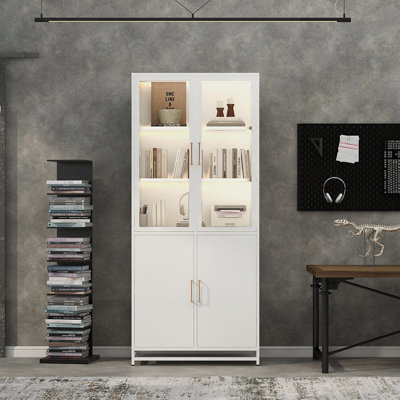 Vitrine de 76,75 po de hauteur avec portes en verre, lumières DEL et cadre en acier pour une utilisation polyvalente à la maison et au bureau