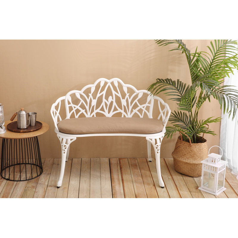 Tulip Patio Garden Bench With Floral Rose Design And Cushion, Durable Cast Aluminum Outdoor Seating For Parks And Yards