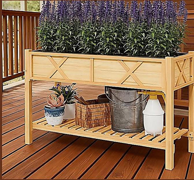 Boîte à fleurs surélevée en bois, lit de jardin surélevé, avec tablette de rangement, trous de drainage et doublure, Noir