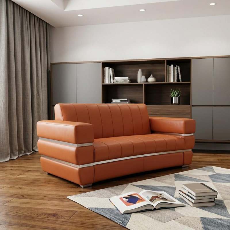 Cuir brun clair avec rembourrage en mousse haute, pieds en acier inoxydable, bois franc séché au four, cuir, structure en bois massif à 3 couches