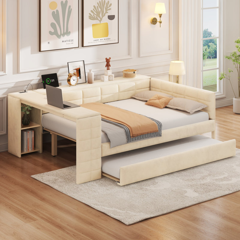 Full Size Upholstered Platform Bed with Storage Shelves, Desk & Charging Station, Twin Trundle, Beige, Beige