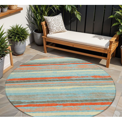 Tapis intérieur lavable rayé rond 8 pi bleu ciel