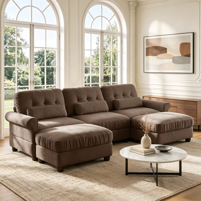 Canapé d'angle modulaire en chenille marron de 250 cm (98 po) en forme de U avec 2 poufs et coussins lombaires, Chenille brun