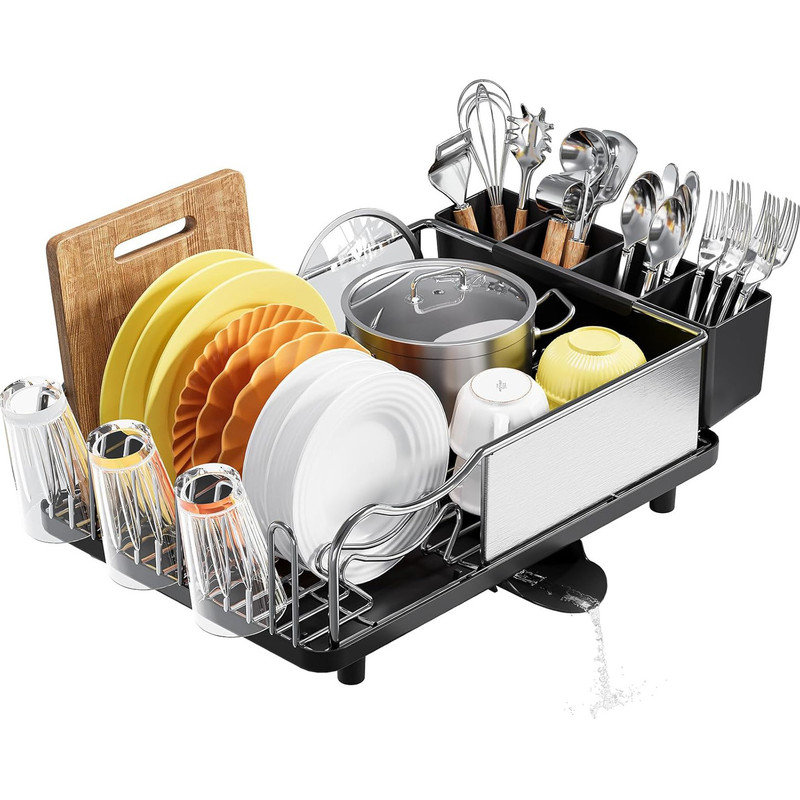 Black Stainless Steel Expandable Foldable Dish Drying Rack with Utensil Cup