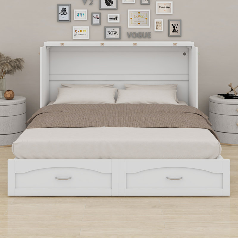Commode murale en bois avec armoire Murphy et tiroir de rangement, USB, station de charge, Blanc, Grand lit