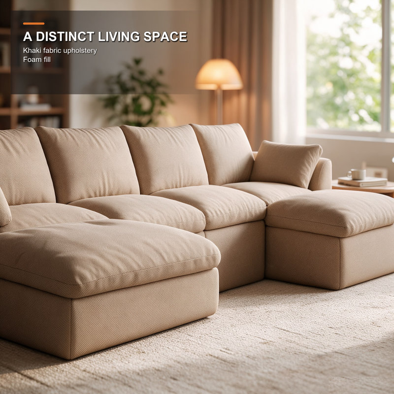 Canapé d'angle 4 places en lin kaki avec 2 poufs, canapé modulaire rembourré