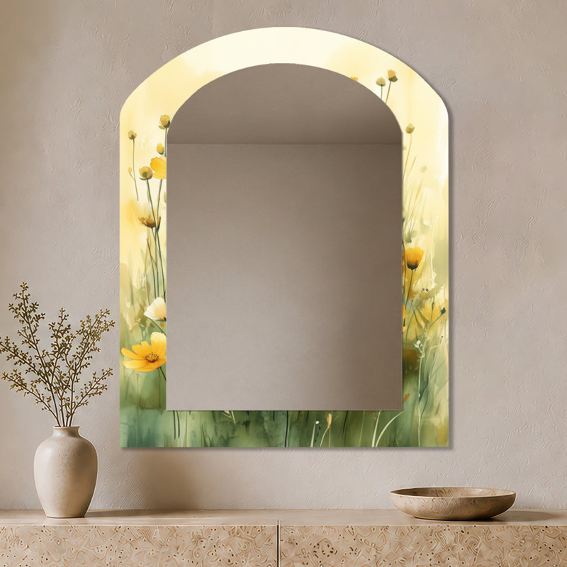 Miroir mural beige à motif floral arqué - Golden Prairie Light, impression métallique, 43" x 33"