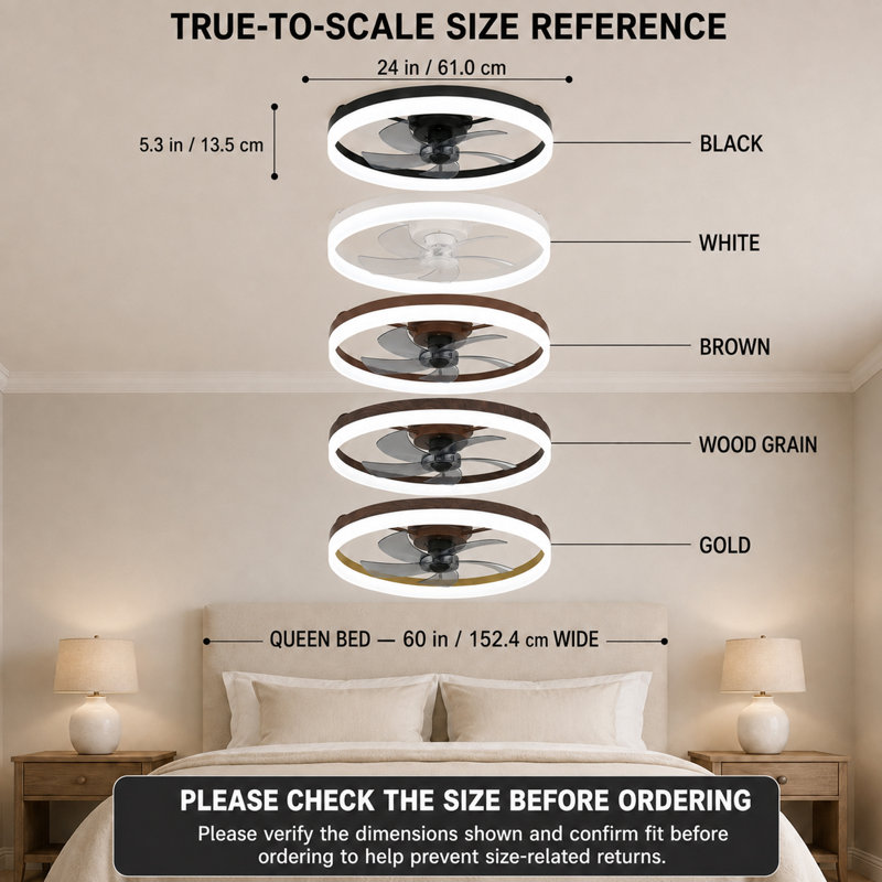 Ventilateur de plafond encastré 24 po avec lumière, profil bas, application et télécommande, moteur CC silencieux à 6 vitesses, DEL à intensité variable pour la chambre à coucher