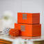Set of 2 Decorative Wooden Storage Boxes, Orange Lacquer Finish with Silver Geometric Clasps-473910878