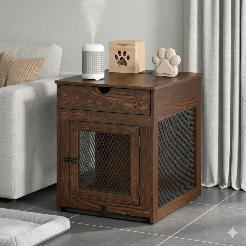 Cage en bois pour chien conçue comme table de bout pour petits chiens, de style rustique, comprend un tiroir de rangement, un coussin et un plateau amovible, dispose d'une charge sans fil et de deux ports USB