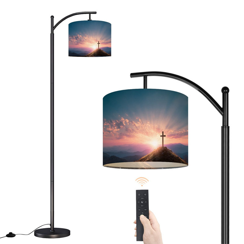 Lampe sur pied à arc avec abat-jour ajustable silhouette montagne croisée, lampe sur pied 3 températures de couleur, intensité variable, haut, avec interrupteur au pied pour la chambre à coucher