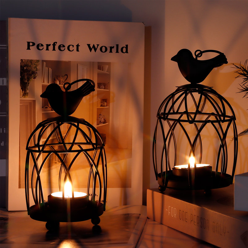 Red Barrel Studio® 2 Pack Bird Top Small Metal Candlestick Holder Hanging Birdcage Tealight Lantern