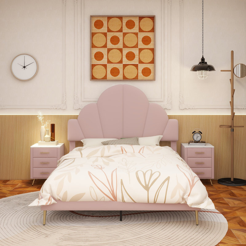 Ensemble de chambre à coucher 3 pièces, cadre de lit tapissier en velours moderne avec tête de lit pétale, tables de chevet 3 tiroirs