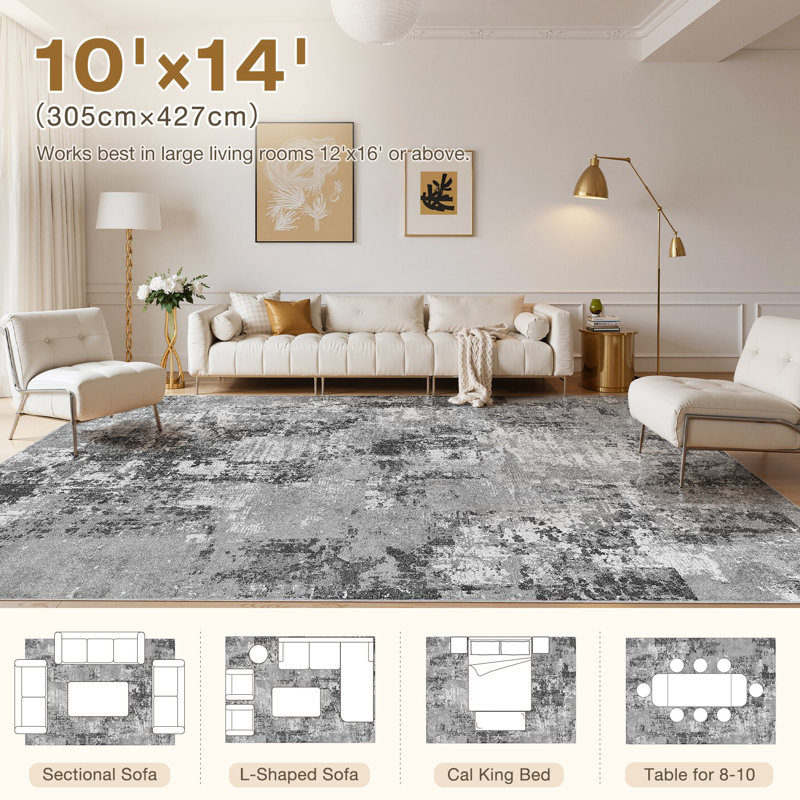 Modern Area Rug Abstract Washable Rugs with Non-Slip Backing for Living Room Bedroom-Gray, Rectangle 10' x 14'