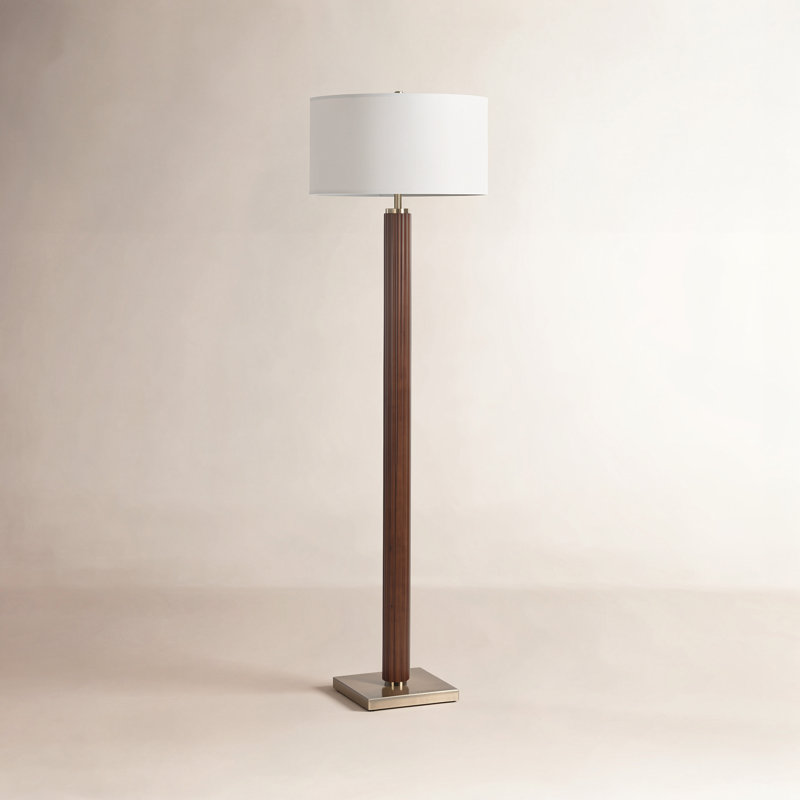 Lampe sur pied Tambo - laiton vieilli, abat-jour en lin blanc, gradateur, Noyer foncé