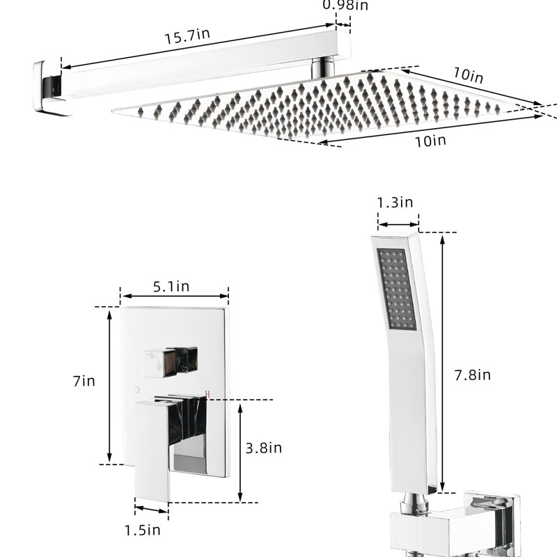 Douche de pluie Modern Bathroom - Tête murale avec poignée et rouille - Mélangeur de luxe de conception polie, Silver