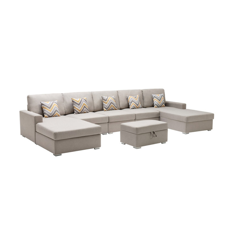 Canapé modulaire double en lin 6 pièces avec pattes interchangeables, repose-pieds et coussins Nolan
