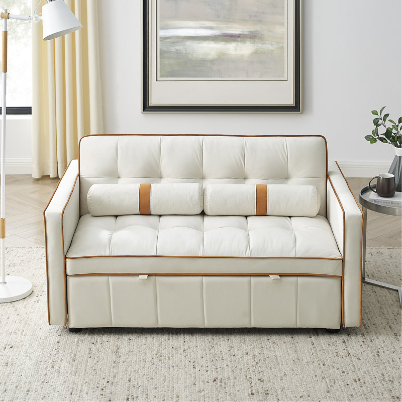 Lit gigogne escamotable de 55,5 po, 2 places avec poches latérales, coussins réglables et lombaires pour appartement, bureau, salon, canapé-lit en velours beige, coussins, thème de bureau