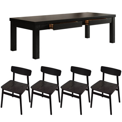 Black Sleek Ash Wood Drawer Dining Table Sets