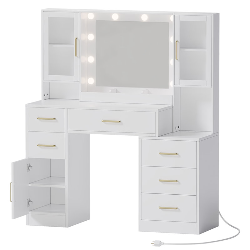 51" White 6-drawer Vanity Desk With 2 Cabinet Doors, Modern Makeup Vanity with LED Lights For Bedroom, White