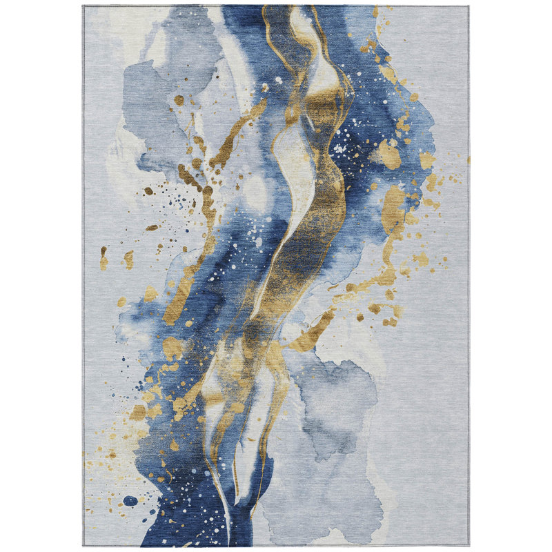 Tapis intérieur lavable abstrait bleu et doré 9 pi x 12 pi