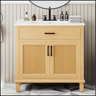 Rattan Bathroom Vanity with Ceramic Sink, Featuring Soft Close Doors and Drawers, Free-standing Design for Large Space Storage and Artisan Craftsmanship