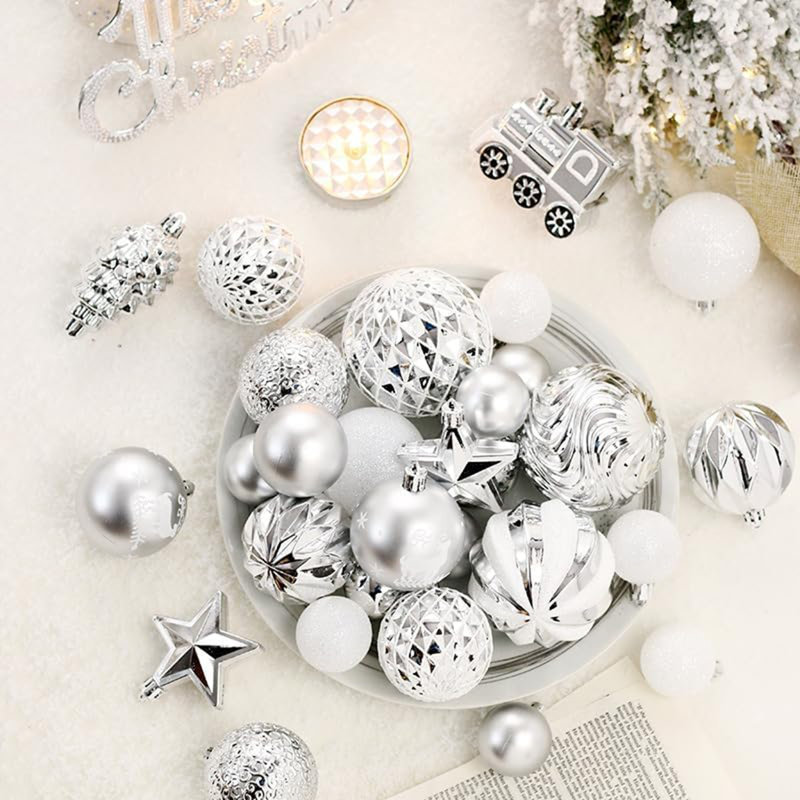 Ensemble d'ornement 65 pièces - Argent / Blanc / Or, incassable pour arbre ou couronne