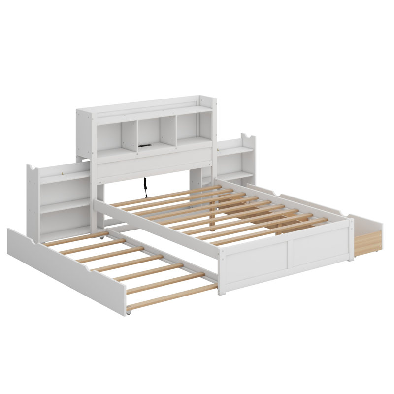 Lit plateforme double en bois avec tiroir de rangement intégré, station de charge et lit gigogne simple, Blanc