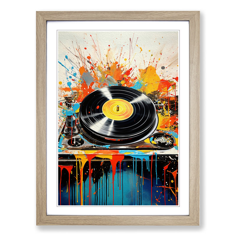 Record Player Action Painting - Framed Print, Oak, 64cm H x 46cm W x 2cm D